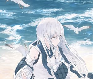 Preview wallpaper girl, seagulls, birds, sea, water, anime