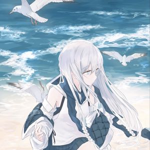 Preview wallpaper girl, seagulls, birds, sea, water, anime