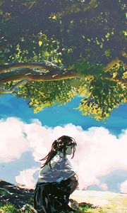 Preview wallpaper girl, shape, trees, clouds, anime