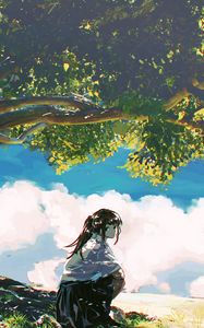 Preview wallpaper girl, shape, trees, clouds, anime