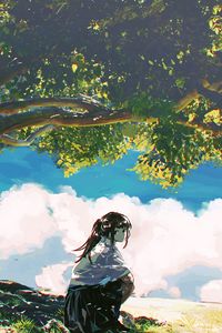 Preview wallpaper girl, shape, trees, clouds, anime