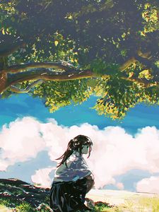 Preview wallpaper girl, shape, trees, clouds, anime