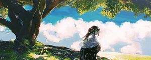 Preview wallpaper girl, shape, trees, clouds, anime