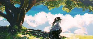 Preview wallpaper girl, shape, trees, clouds, anime
