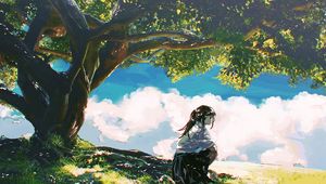 Preview wallpaper girl, shape, trees, clouds, anime