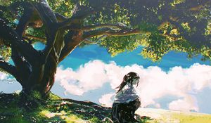 Preview wallpaper girl, shape, trees, clouds, anime