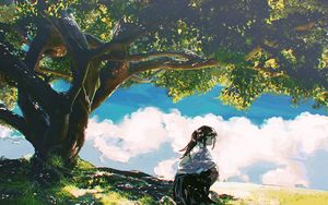 Preview wallpaper girl, shape, trees, clouds, anime