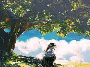 Preview wallpaper girl, shape, trees, clouds, anime
