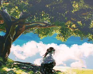 Preview wallpaper girl, shape, trees, clouds, anime