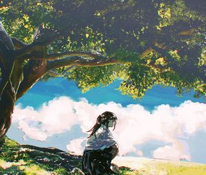 Preview wallpaper girl, shape, trees, clouds, anime