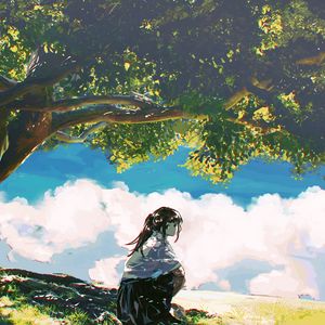 Preview wallpaper girl, shape, trees, clouds, anime