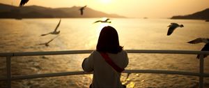 Preview wallpaper girl, ship, sailing, sunset, sun, sea gulls, landscape