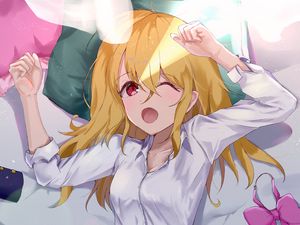 Preview wallpaper girl, shirt, bed, anime