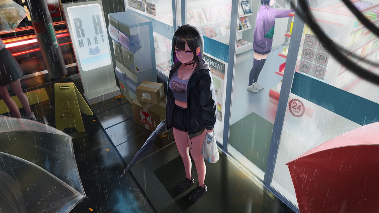 Wallpaper girl, shop, umbrella, rain, anime