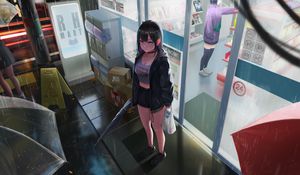 Preview wallpaper girl, shop, umbrella, rain, anime