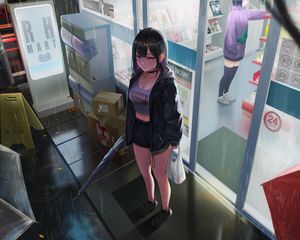 Preview wallpaper girl, shop, umbrella, rain, anime