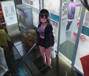 Preview wallpaper girl, shop, umbrella, rain, anime