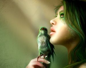 Preview wallpaper girl, sight, bird, hair, person