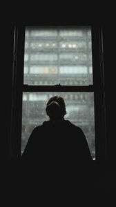 Preview wallpaper girl, silhouette, alone, window, view, dark