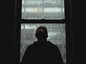 Preview wallpaper girl, silhouette, alone, window, view, dark