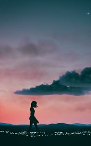 Preview wallpaper girl, silhouette, art, night, clouds, horizon