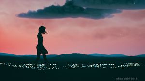 Preview wallpaper girl, silhouette, art, night, clouds, horizon