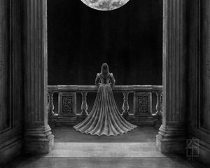 Preview wallpaper girl, silhouette, balcony, moon, columns, art