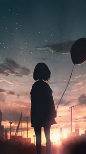 Preview wallpaper girl, silhouette, balloon, starry sky, sunset