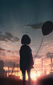 Preview wallpaper girl, silhouette, balloon, starry sky, sunset