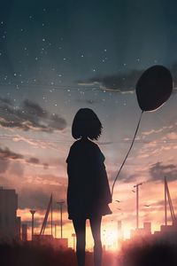 Preview wallpaper girl, silhouette, balloon, starry sky, sunset