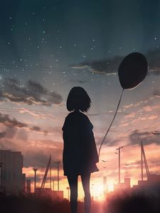 Preview wallpaper girl, silhouette, balloon, starry sky, sunset