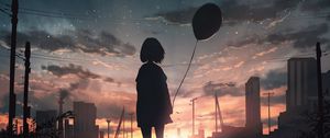 Preview wallpaper girl, silhouette, balloon, starry sky, sunset