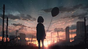 Preview wallpaper girl, silhouette, balloon, starry sky, sunset