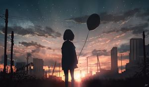 Preview wallpaper girl, silhouette, balloon, starry sky, sunset