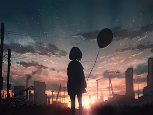 Preview wallpaper girl, silhouette, balloon, starry sky, sunset