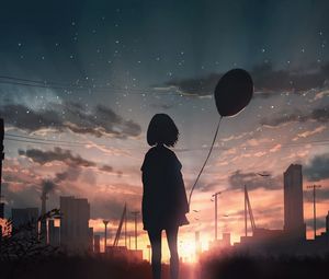 Preview wallpaper girl, silhouette, balloon, starry sky, sunset