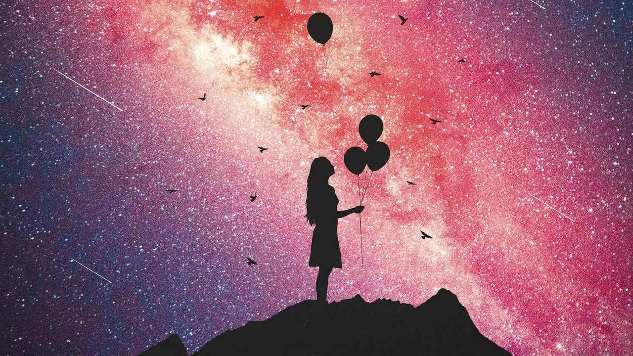 Wallpaper girl, silhouette, balloons, starry sky