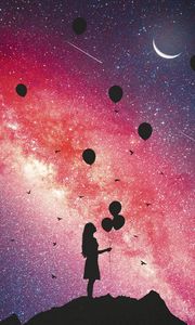 Preview wallpaper girl, silhouette, balloons, starry sky