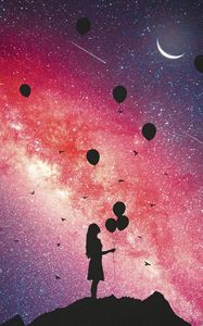 Preview wallpaper girl, silhouette, balloons, starry sky