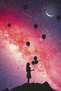 Preview wallpaper girl, silhouette, balloons, starry sky