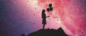 Preview wallpaper girl, silhouette, balloons, starry sky