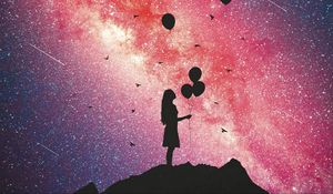 Preview wallpaper girl, silhouette, balloons, starry sky