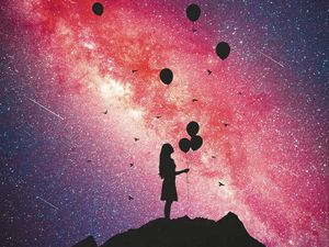 Preview wallpaper girl, silhouette, balloons, starry sky