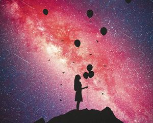 Preview wallpaper girl, silhouette, balloons, starry sky