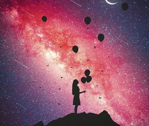 Preview wallpaper girl, silhouette, balloons, starry sky