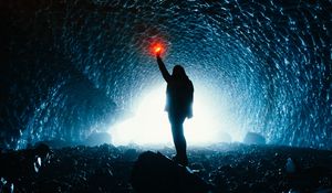 Preview wallpaper girl, silhouette, cave, glow