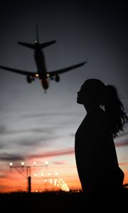 Preview wallpaper girl, silhouette, dark, plane, twilight