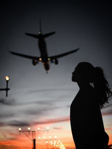 Preview wallpaper girl, silhouette, dark, plane, twilight
