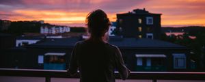 Preview wallpaper girl, silhouette, dark, city, twilight