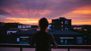 Preview wallpaper girl, silhouette, dark, city, twilight